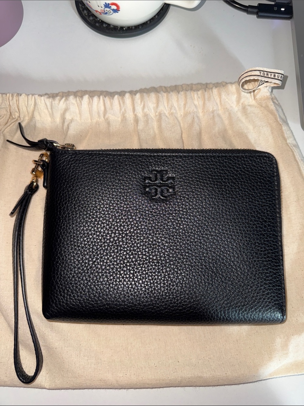 Tory Burch Black Pebbled Leather Wristlet Pouch with Logo